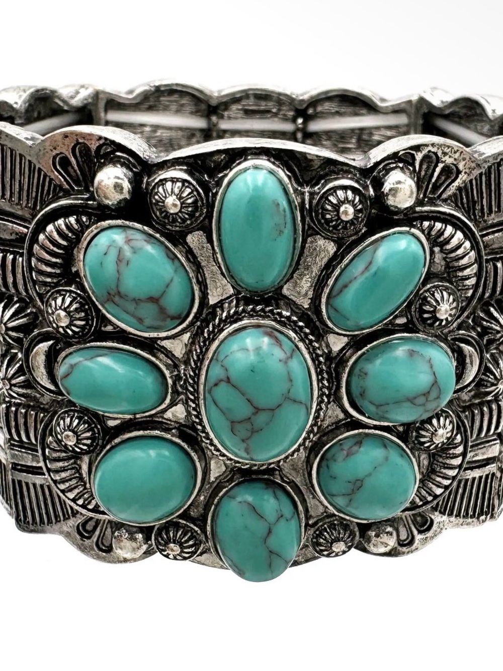 NWT Turquoise Stone Silver-Tone Cluster Cuff Western Bracelet